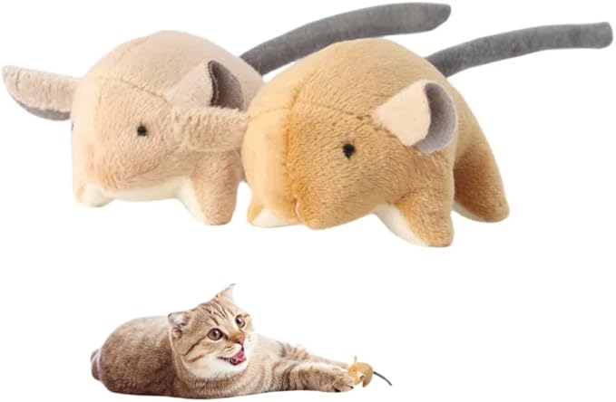 Plush Catnip Mice Toys with Crinkle Sound - 2 Pcs Interactive Cat Toys for Indoor Cats, Durable Stress Relief Eco-Friendly Small Mouse Chew Playthings（Camel+ Chestnut Color）