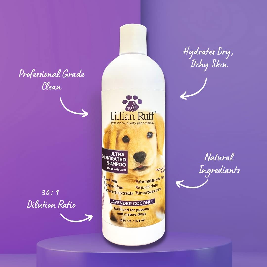 Lillian Ruff High Concentrate Professional Grooming Shampoo for Dogs with Hydrating Essential Oils – 30:1 Concentration for Bathing System - Clean, Condition, & Deodorize Dry, Sensitive Skin W/Brush