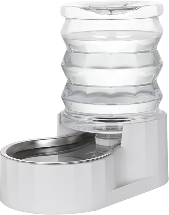 RIZZARI Gravity Water Bowl Dispenser: 4L Automatic Stainless Steel Water Feeder Without Filter - White Pet Waterer for Senior Dogs with Spine Problems - in Bedroom Garden