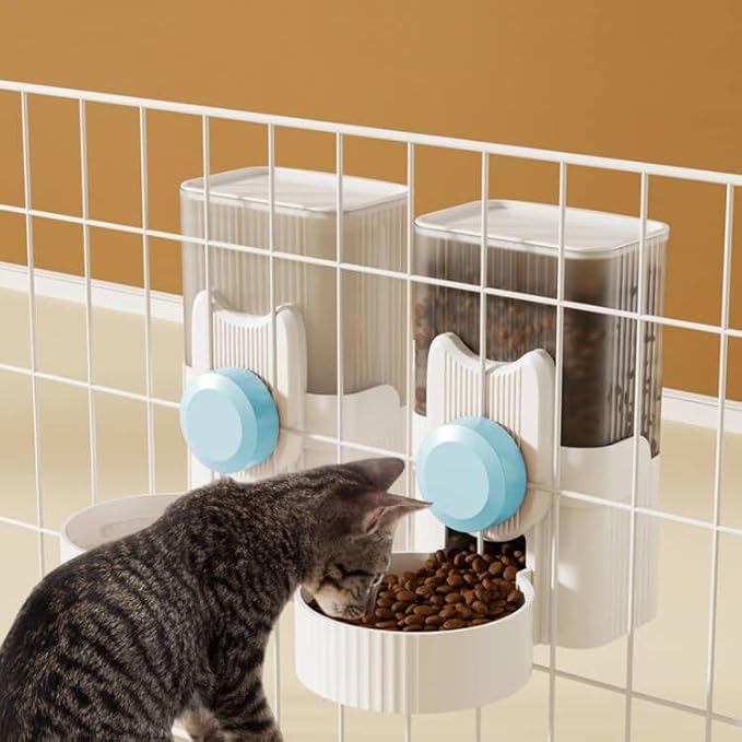 Hanging Cage Automatic Small Pet Food Bowl Water Bottle Dispenser, 1L Auto Gravity Pet Feeder and Waterer Set Kennel Feeding Station Crate Feeder Dish for Rabbit Puppy Cats Ferret (Blue)