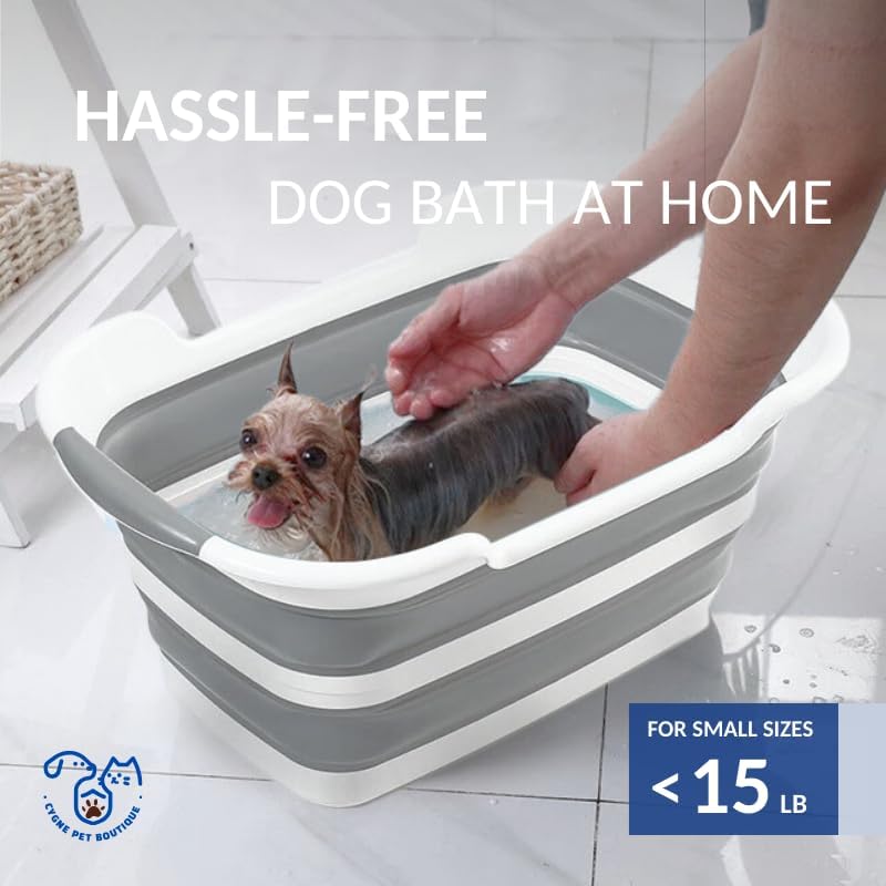 CYGNE Dog Bath Tub with Water Drain Plug, Collapsible Bathtub for Dog Washing and Grooming, Portable Foldable Space Saving Design for Pet Puppy Small Dogs Cats, BPA Free, Gray