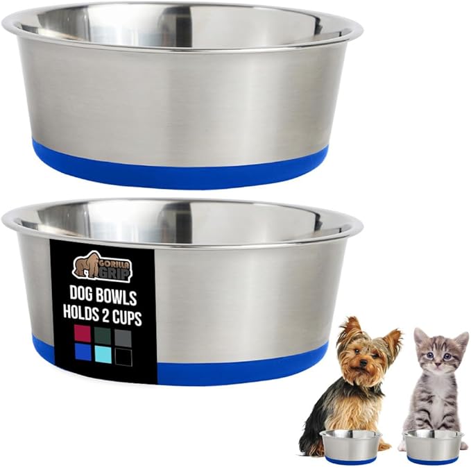 GORILLA GRIP Dog Bowls, Holds 2 Cups Each (16 fl oz), Heavy Duty Stainless Steel Food and Water Bowl for Feeding Dogs and Cats, Dishwasher Safe, Rust Resistant, BPA Free Rubber Base, Set of 2 Blue