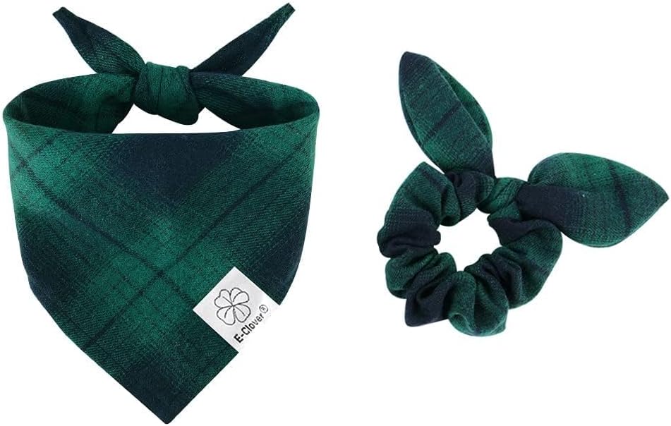 E-Clover Dog Bandanas & Matching Scrunchie Set Plaid Dog Bibs Scarf Boy Triangle Kerchief Bandana for Small Dogs Puppy Birthday Gifts Pet Owner Mom Green Fall