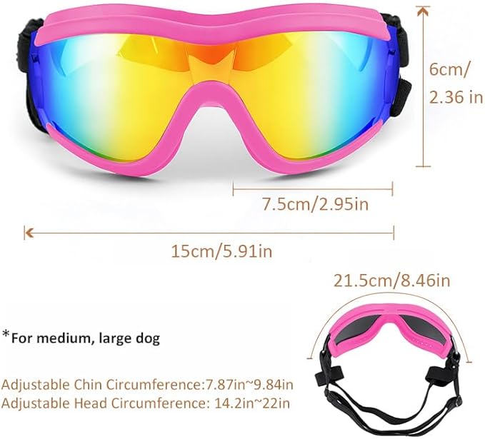 Dog Sunglasses for Large and Medium Breed, Dog Goggles for Large Dogs, Sun Protection, Windproof, Waterproof, Dustproof and Anti-Fog with Adjustable Strap for Driving, Motorcycle (Pink)