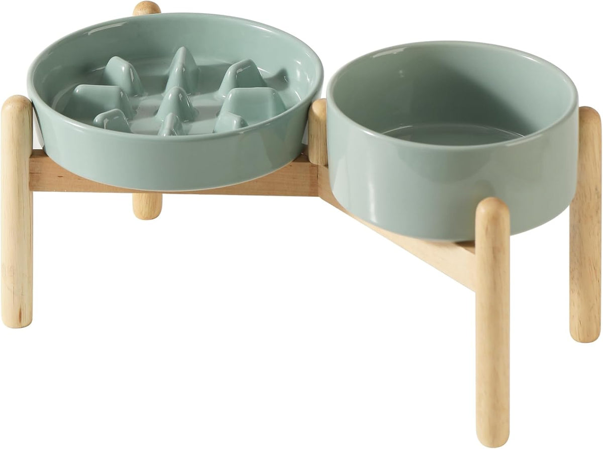 Ceramic Raised Slow Feeder Dog Bowl Set, Elevated 6.1inch Bowl and 7.3inch Slow Pet Food Dish with Wooden Stand for Small and Medium Dog (2 x Light Green+ Stand)