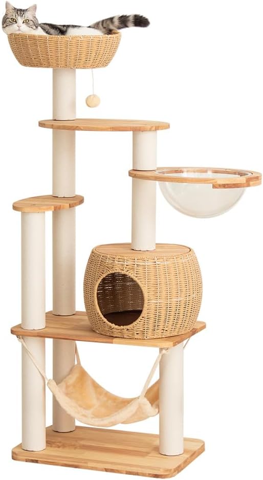 57'' Cat Tower for Large Cats, Manual Hand Woven Modern Multi-Level Condo with Natural Wood, Cat Activity Centre for Medium and Big Pets