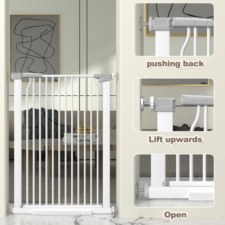 41" Extra Tall and Wide Baby Gate, 72.3-74" Wide Pet Cat Gate for Doorway, Extra Wide Pressure Mounted Child Door with Expansion Kit, Metal Safe Gate, Tall Dog Gate, White