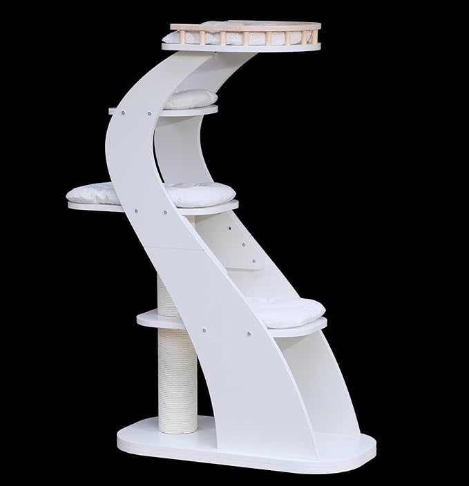SHENGOCASE Modern Stylish 52.4 inches Tall Wooden Cat Tree Tower, Aesthetic Cat Condo Ladder with 5-Level Big Perch Platform Bed for Window Viewing Watching Large Scratching Post