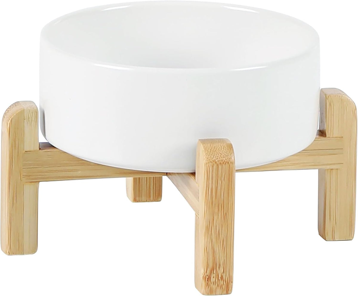 Ceramic Raised Dog and Cat Bowl Set, 2 Heights Elevated Stand, Food and Water Bowl for Small Breed Dogs, Cats, Kitty, Weighted Dog Dishes, Pet Bowls(5.1'',13.5oz, White)