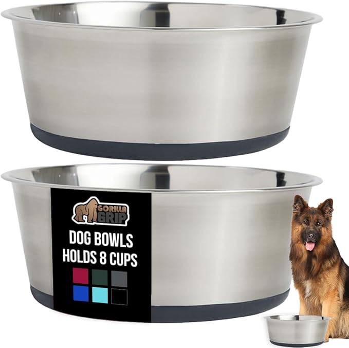 GORILLA GRIP Set of 2 Dog Bowls, Holds 8 Cups (64 fl oz), Heavy Duty Metal Food and Water Bowl for Feeding Dogs and Cats, Dishwasher Safe, Rust Resistant Stainless Steel, BPA Free Rubber Base, Gray
