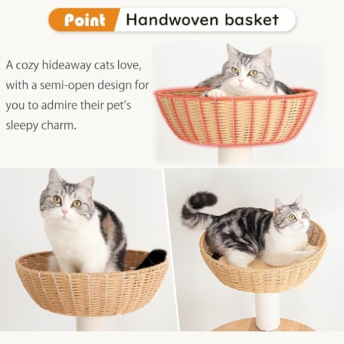 Wooden Cat Tree for Large Cats, Modern Multi-Level Condo with Natural Wood, Indoor Cat Furniture for Medium and Big Pets (Cream Y909S)