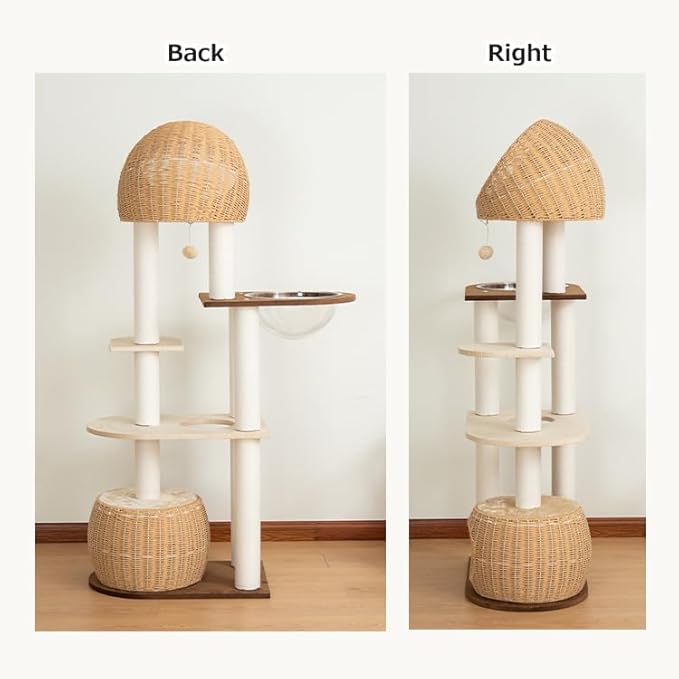 Wood Cat Tree 60'' with Woven Beds, 5-Level Natural Cat Condo with Sisal Posts & Clear Bubble Lounge, Multi-Level C at Furniture for Indoor Pets, Easy to Assemble (Brown-Particle Board)