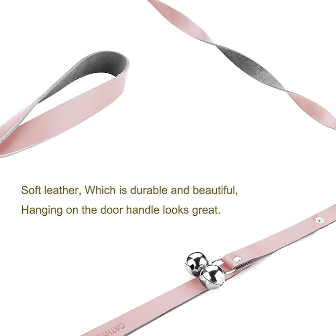 Leather Dog Doorbells for Door Knob/Potty Training/Go Outside, Length Adjustment Copper Dog Bell, Housetraining Hanging Bell, Pink Leather Silver Bells