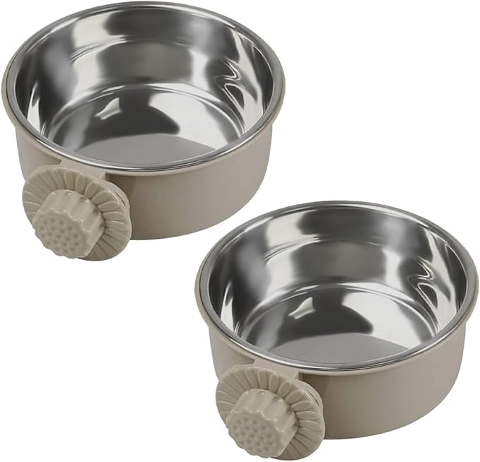 2Pcs Pets Lightweight Stainless Steel Bowl,Removable Stainless Steel Pet Hanging Food Water Feeder Bowl Cage Coop Cup for Puppy Medium Dog Cat Rabbit Ferret Bird Gunea Pigs (Gray, M)
