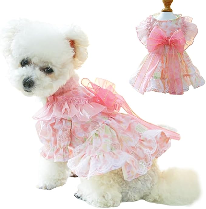 Pink Dog Dress for Small Dog Girl Spring Puppy Clothes with Bow Puff Sleeves Cat Outfit Doggy Princess with Leash Ring Doggies Harness Dress Summer Pet Apparel (Pink, Medium)