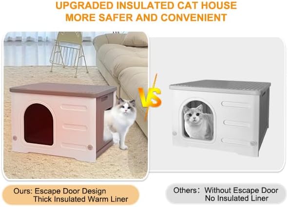 Rockever Plastic Outdoor Indoor Cat House with Insulated Liner, 100% Insulated Feral Cat House for Winter, Waterproof Cat Houses for Outdoor Cats, Spacious, Assemble Easily-Grey