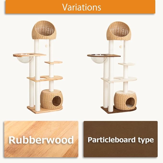 Wood Cat Tree 60'' with Woven Beds, 5-Level Natural Cat Condo with Sisal Posts & Clear Bubble Lounge, Multi-Level C at Furniture for Indoor Pets, Easy to Assemble (Brown-Particle Board)