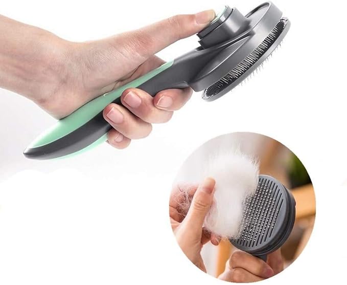PAKEWAY Cat & Dog Grooming Brush - Self Cleaning, Release Button, Kitten & Pet Brush for Short, Medium & Long Hair (Green)