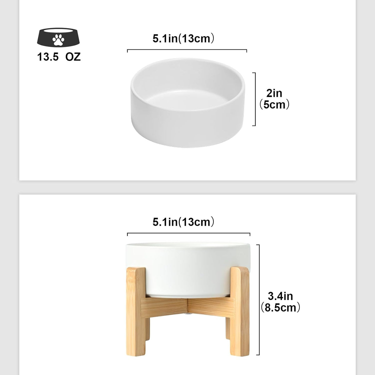 SPUNKYJUNKY Ceramic Elevated Dog Bowls 2 Pack - 5.1inch Raised Dog Bowls with Non-Slip Wooden Stand for Small Dogs Dishwasher Safe(White,13.5OZ*2)