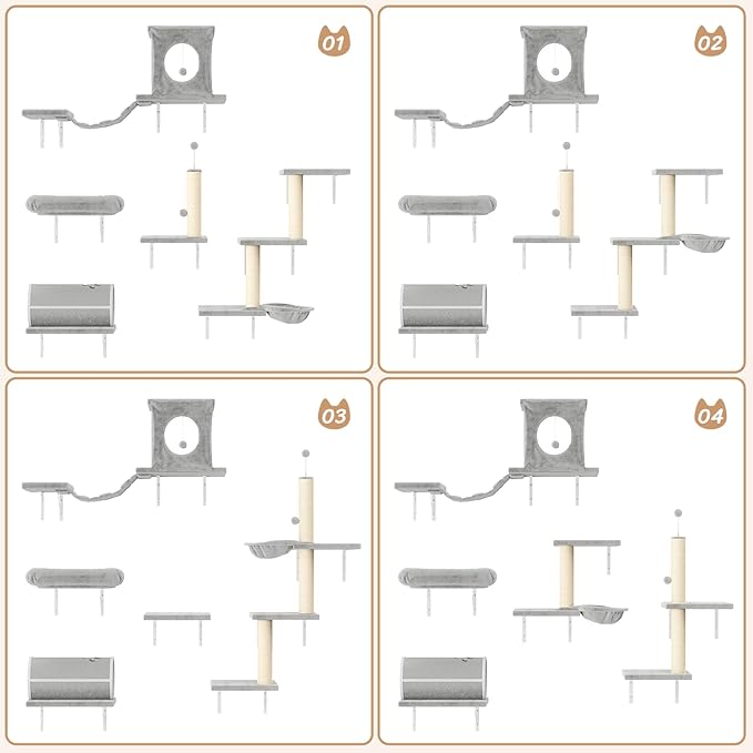 NUNU LAB Cat Wall Shelves Set, 7 Pcs Wall-Mounted Cat Climber with Cat House, Tunnel, Bridge, Scratching Post, Hammock, Wall Shelves, Gray