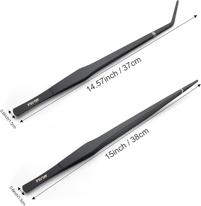 Aquarium Tweezers Extra Long 15 inches Feed Tong Clamps - FEITA Straight and Curved Stainless Steel 38cm Tweezers Set for Fish Tank Plants Aquascape Tools & Reptile Feeding Tongs - Black 2Pcs