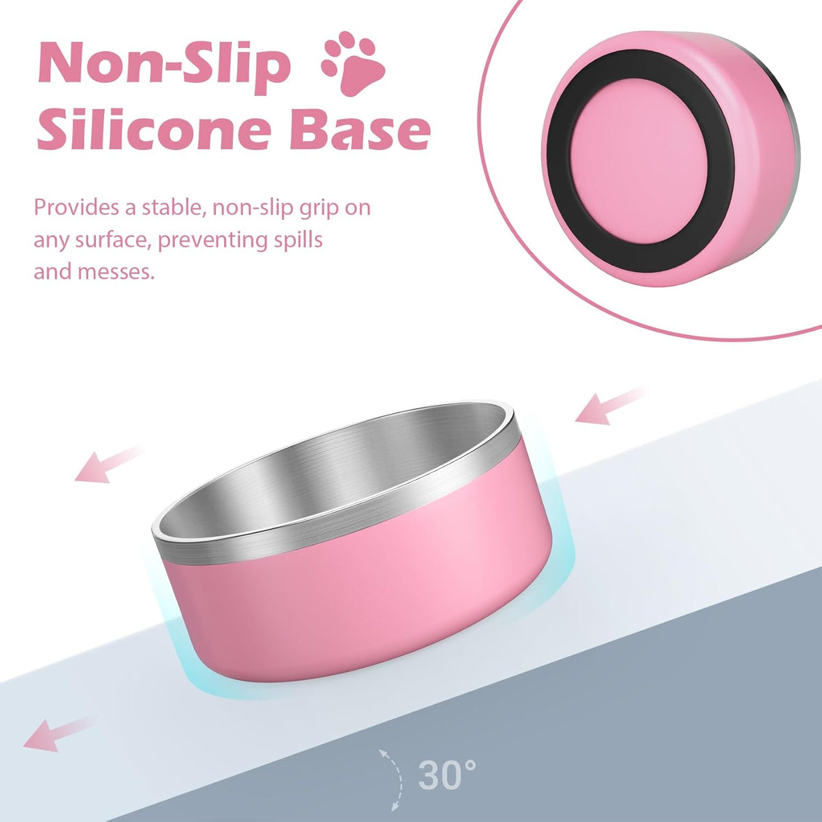 LIANLAI Dog Bowls, Rust-Resistant Stainless Steel Dog Bowls, Non-Slip Double-Walled Pet Dishes, Dishwasher Safe (Pink，40 oz)