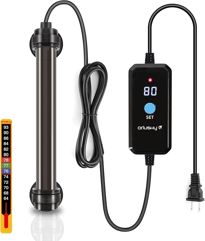 Orlushy 50W Submersible Mini Fish Tank Heater, Adjustable Aquarium Heater with Digital Display External Controller, Overheat Protection and Free Thermometer for 5-10 Gallon Freshwater & Saltwater Tank