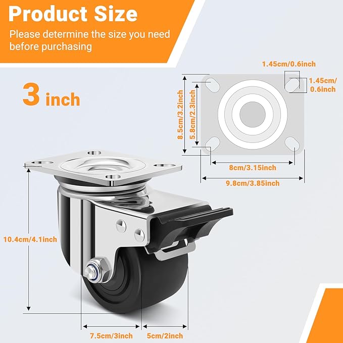 Nefish 3 Inch Heavy Duty Stainless Steel Low Gravity Casters, SUS 304 Industrial Grade Stainless Steel Caster Wheels with Brakes, Durable Castors Set of 4 with Nylon Wheels for Industrial, Equipment