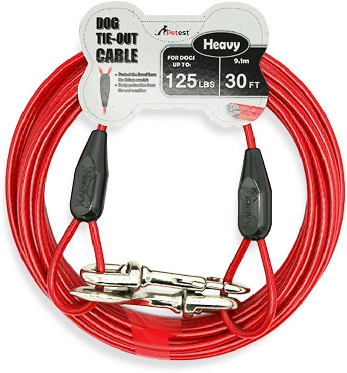 Petest 30ft Tie-Out Cable with Crimp Cover for Heavy Dogs Up to 125 Pounds Black & Red