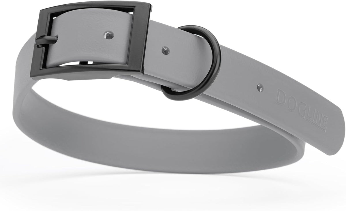 Dogline Biothane Waterproof Dog Collar Strong Coated Nylon Webbing with Black Hardware Odor- Proof for Easy Care Easy to Clean High Performance Fits Small Medium or Large Dogs, Battleship Gray