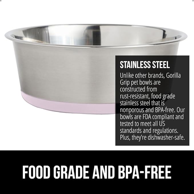 GORILLA GRIP Set of 2 Dog Bowls, Holds 6 Cups (48 fl oz), Heavy Duty Metal Food and Water Bowl for Feeding Dogs and Cats, Dishwasher Safe, Rust Resistant Stainless Steel, BPA Free Rubber Base, Lt Pink