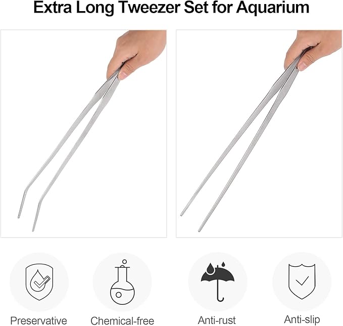 Aquarium Tweezers Extra Long 15 inches Feed Tong clamps - FEITA Straight and Curved Stainless Steel 38cm Tweezers Set for Fish Tank Plants Aquascape Tools & Reptile Feeding Tongs - Sliver 2Pcs