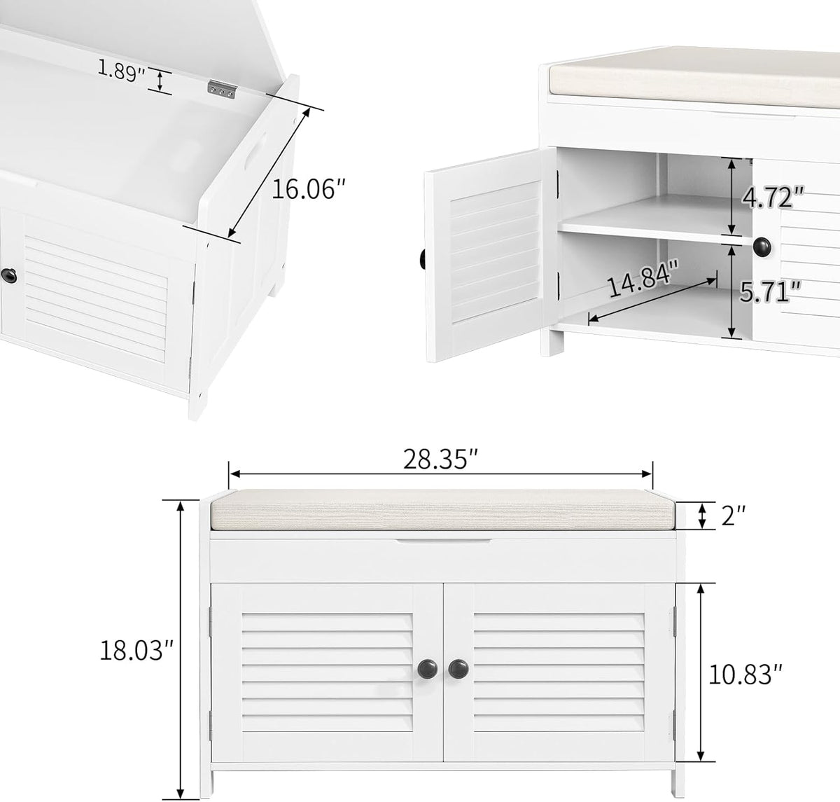 Shoe Storage Bench with Lift Top Storage, Entryway Bench with Cushioned Seat, Adjustable Shelf, 2 Tier Shoe Rack with Doors for Entryway, Bedroom, Hallway, Mudroom, White