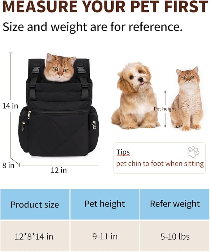 OFY Cat Carrier Puffy Backpack Breathable Small Dog Front Backpack Large Space for Small Dogs, Drawstring & Water-Resisant Pet Bag for Travel Hiking, Black Patent Pending