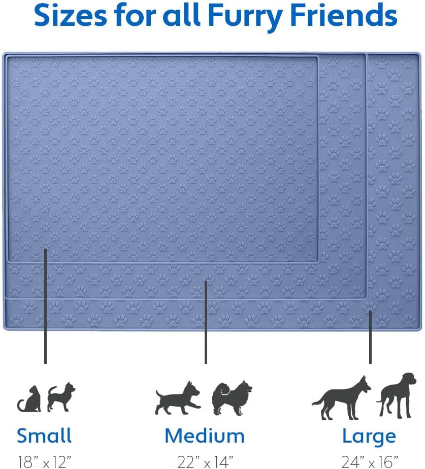 MIGHTY MONKEY 100% Waterproof Dog Food Mat, Raised Edges Silicone Pet Feeding Placemat for Cat, Dogs, Pet Bowls, High Lipped Tray Prevents Water Spills, Food on Floor, Dishwasher Safe, 24x16, Lt Blue