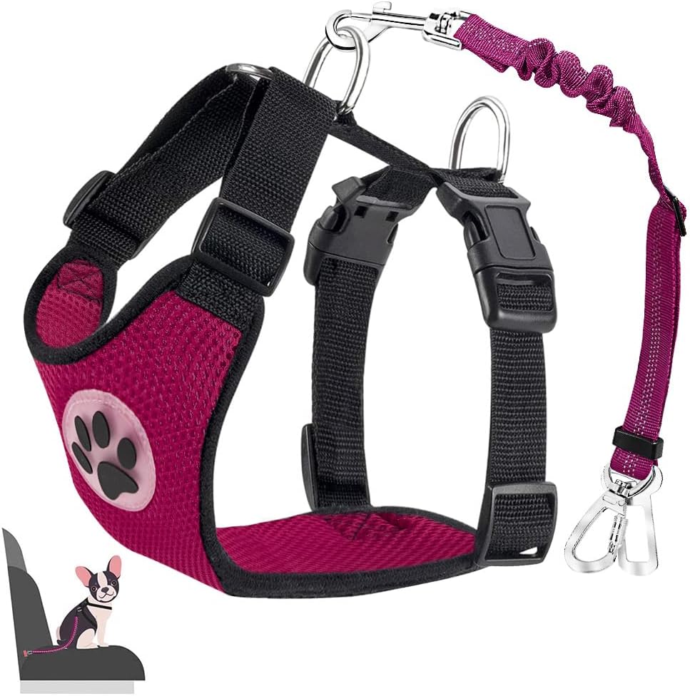 Lukovee Dog Seat Belt for Car, Adjustable Dog Car Harness for Large Medium Small Dogs, Soft Padded & Breathable Mesh Dog Seatbelt with Car Strap and Carabiner(Rose Double Clip,XX-Small)