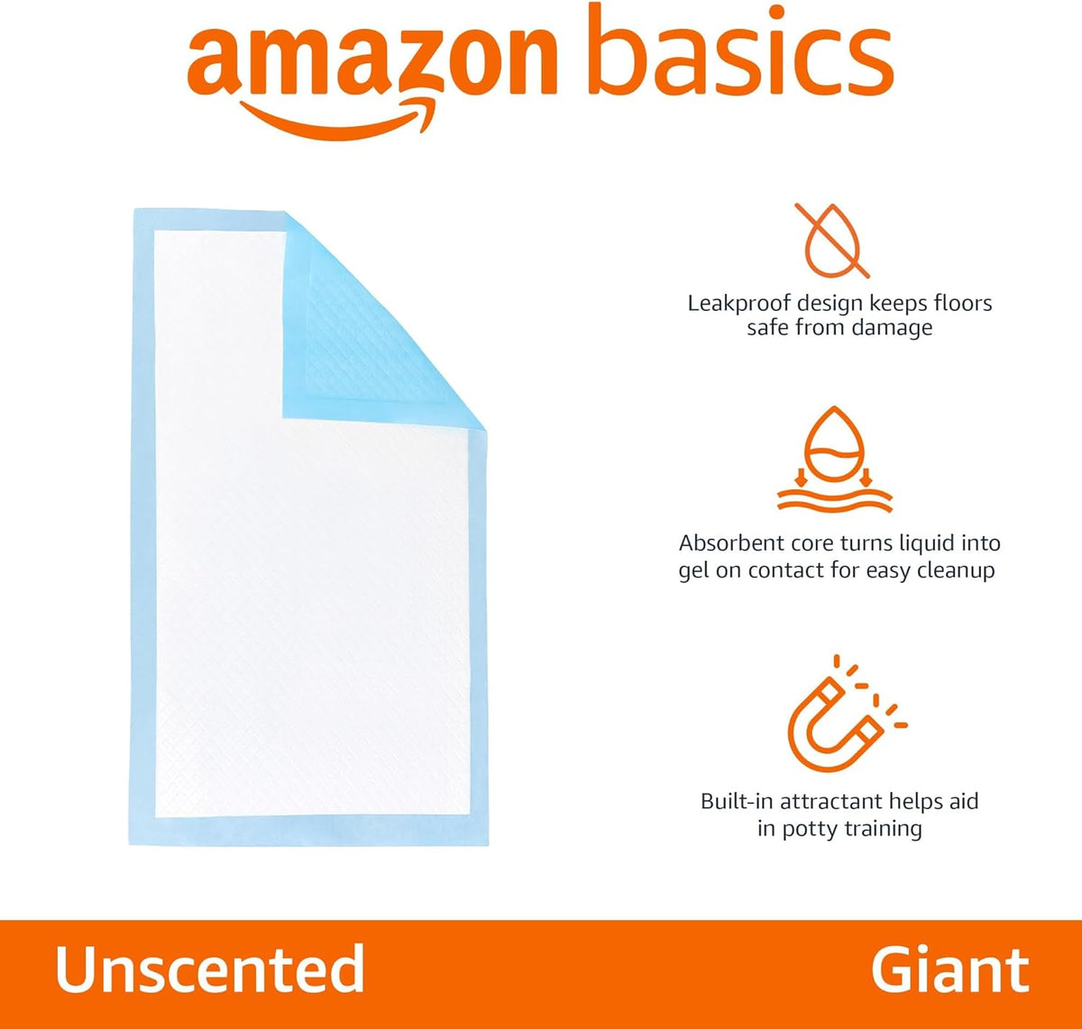 Amazon Basics Leakproof Dog and Puppy Pee Pads with 5-Layer Quick-Dry Surface for Potty Training, Standard Absorbency, Giant, 27.5 x 44Inch, Pack of 40, Blue & White