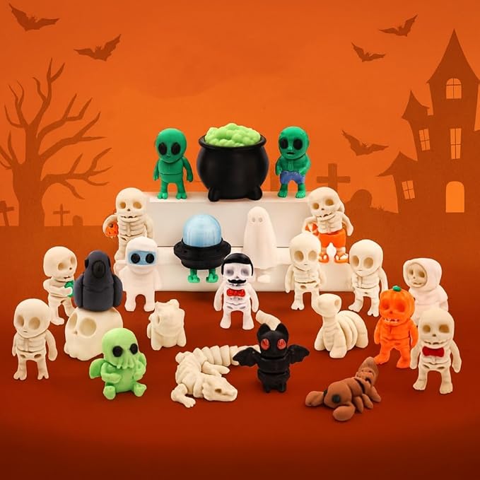 Mini 3D Printed Figurines Set for Halloween Decorations, Articulated, Flexible, and Exquisitely, Skeleton, Zombie, Alien