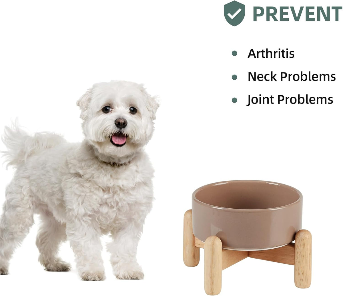 Ceramic 5.1inch Raised Dog and Cat Bowl Set, Elevated with Wooden Stand, Food and Water Bowl for Small Breed Dogs, Cats, Kitty, Weighted Dog Dishes, Pet Bowls(13.5oz, Brown Coffee)