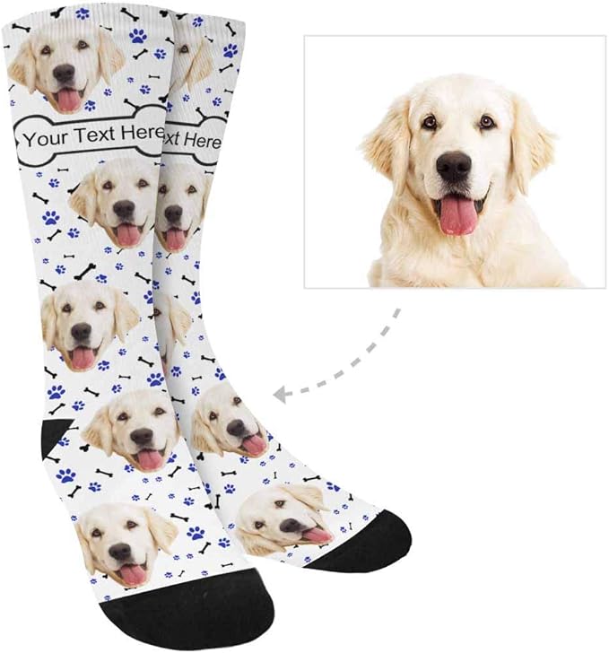 MyPupSocks Custom Personalized Photo Pet Face Socks, Cat and Dog Tracks Paws Bones Crew Socks with Picture for Men Women