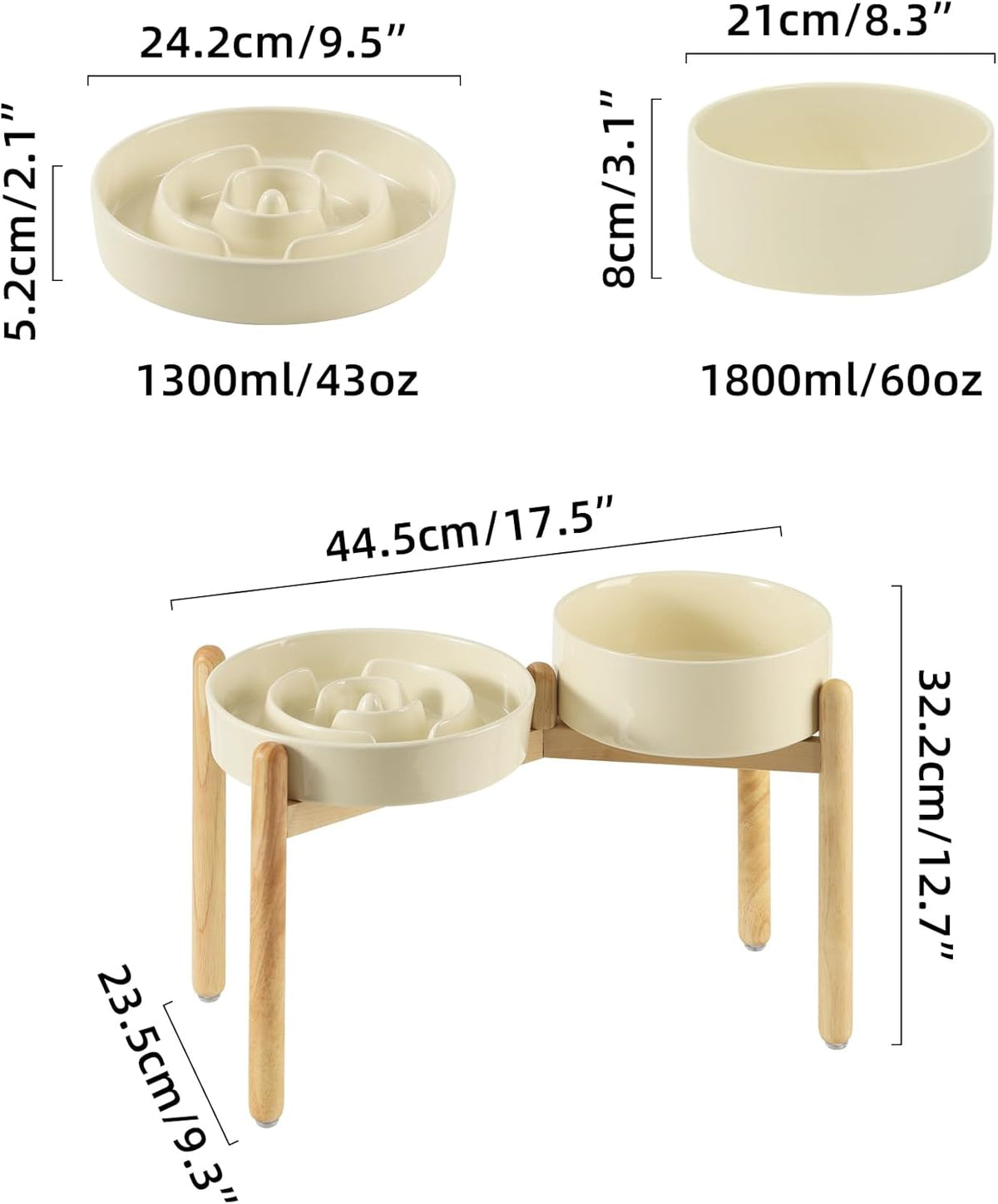 Ceramic Raised Slow Feeder Dog Bowl Set, Elevated 8.2inch Bowl and 9.5inch Puzzle Slow Food Dish with Wooden Stand for Large Dog, Anti-Gulping (2X Beige+ Stand)