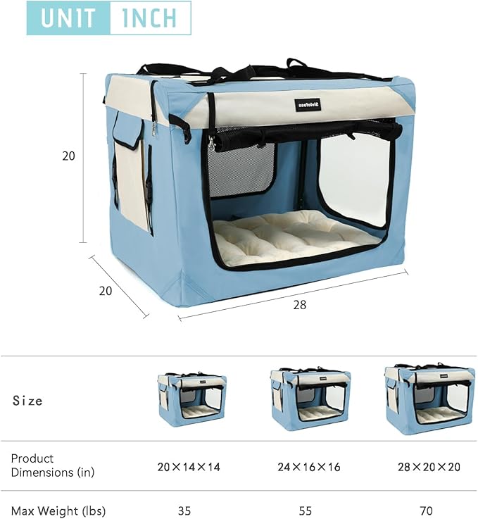Collapsible Travel Dog Crate Portable Soft-Sided Pet Kennel Extra Large Cat Carrier with Soft Plush Fur Mat for Indoor and Outdoor,28x20x20in Sky Blue