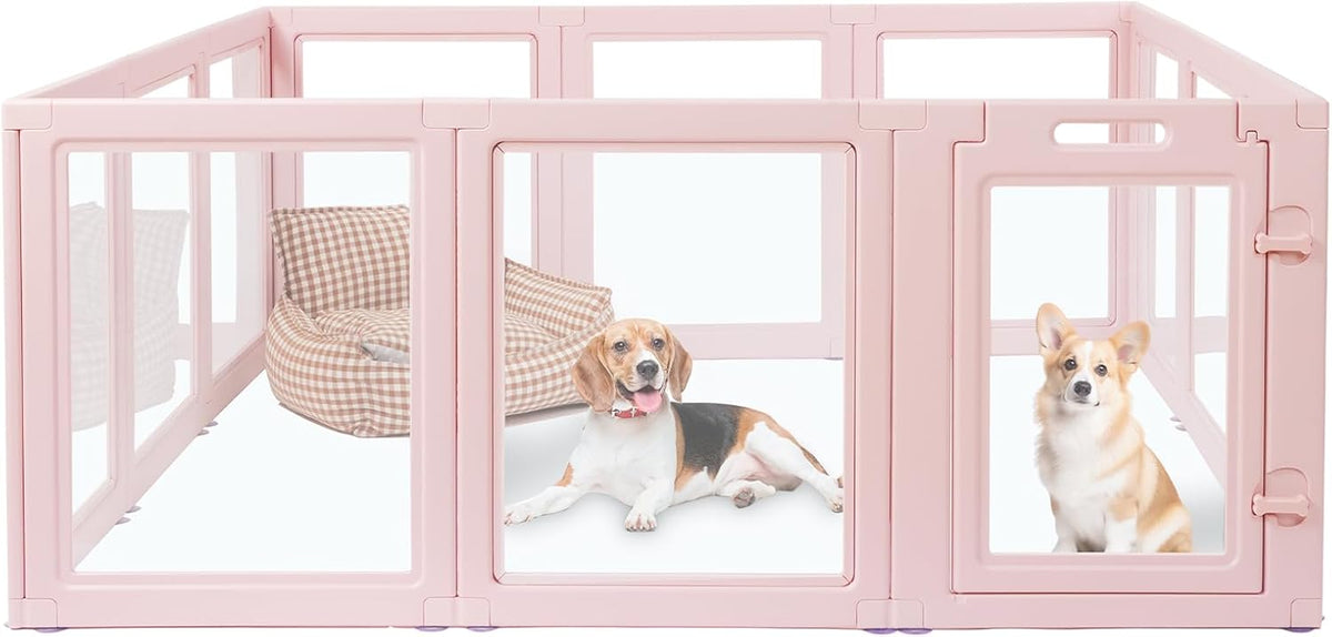 DIY Clear Acrylic Dog Playpen House,Quick Easy Assembly and Disassembly,Strong Floor Suction,Indoor and Outdoor Use,Easy Cleansing Puppy Fence (Skin Pink, 23.6" H, 10PCS)