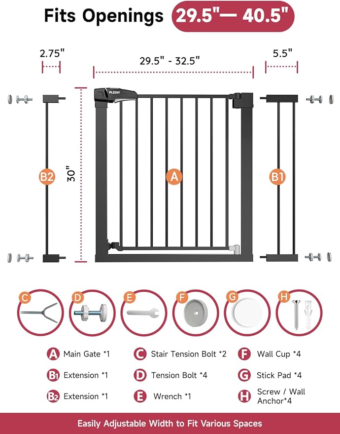 Baby Gate for Stairs, 29.5-40.5" Dog Gate for Doorways, Walk Thru Auto Close Metal Child Gate for The House, Stairs and Doorways, Pressure Mounted Pet Gate for Dog Indoor (Black)