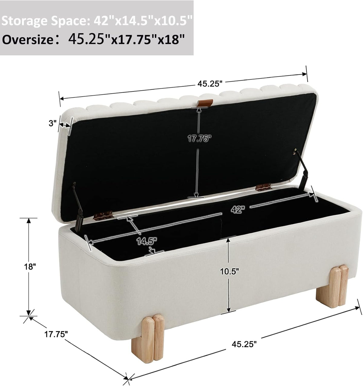 Kmax 45" Storage Bench Linen Entryway Bench Upholstered Ottoman Bench with Wavy Top & Safty Hinge for Bedroom Living Room Hallway, Beige