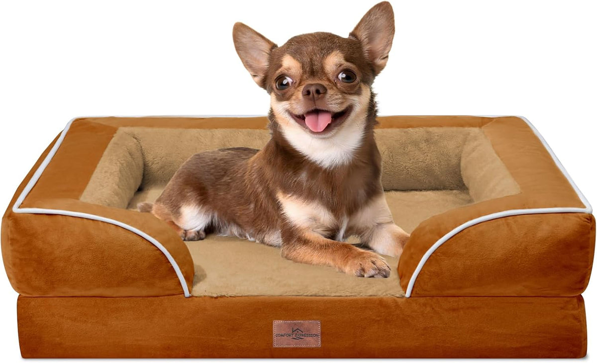 Comfort Expression Small Dog Beds Waterproof Orthopedic Foam Dog Sofa Beds for Small Dogs Comfy Pet Bed with Washable Removable Cover & Non-Slip Bottom(X-Small,Caramel)