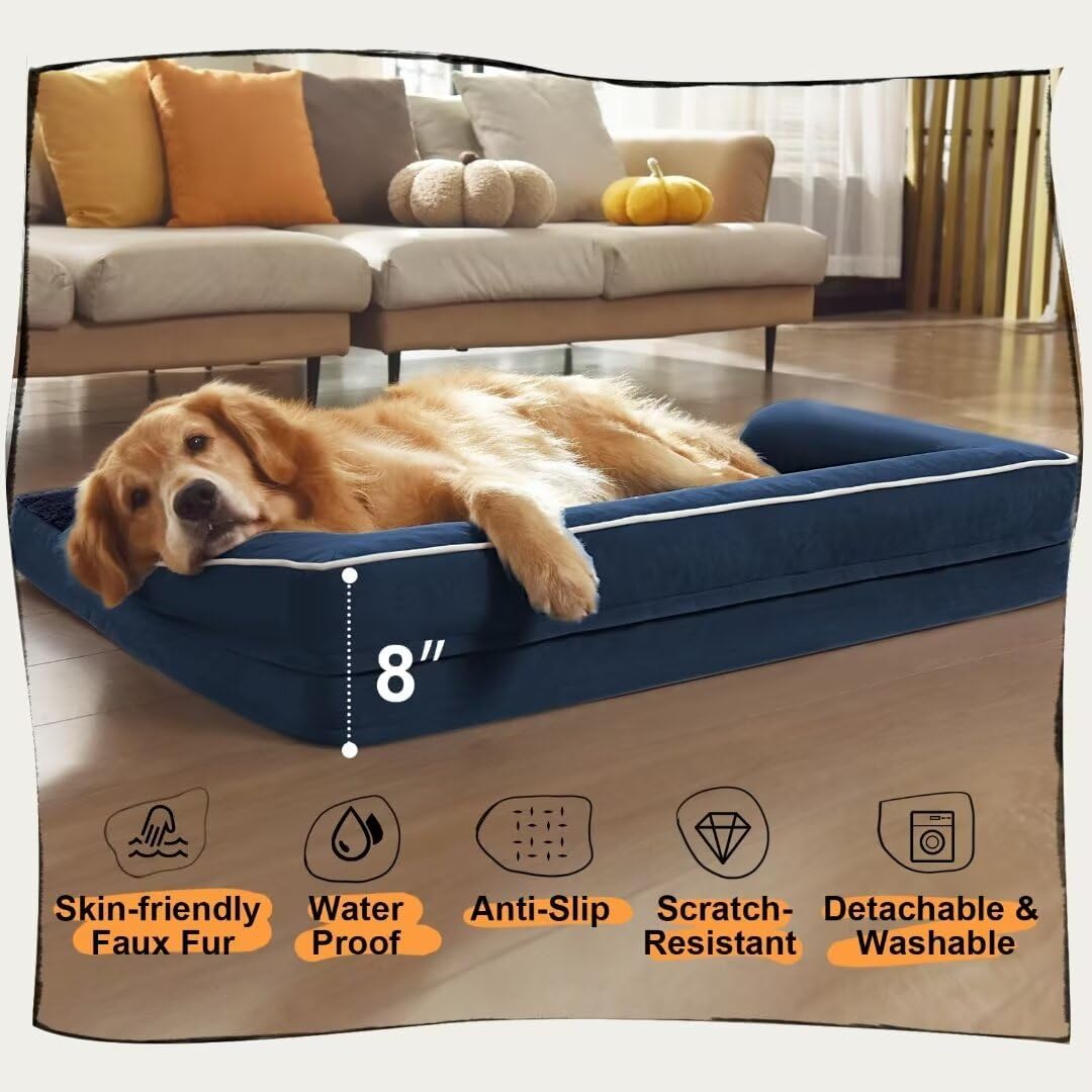 Orthopedic Large Dog Bed Washable: Orthopedic Dog beds for XXXLarge Size Dogs, Waterproof Washable Cover with Egg Foam Removable Bolster, Navy Blue Pet Beds for Large Dogs