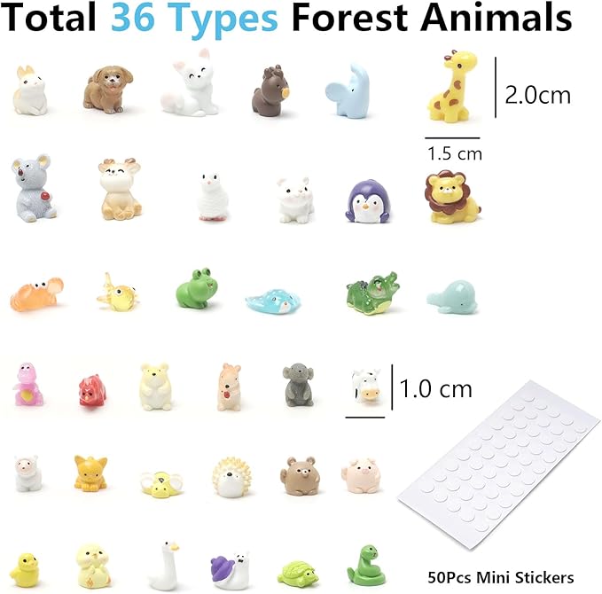 36 Types Forest Mini Resin Animals, Plastic Tiny Animals to Hide, Miniature Animals Figures for Fairy Garden, Dollhouse, Terrariums, Shadowboxes, Cake Topper Decor