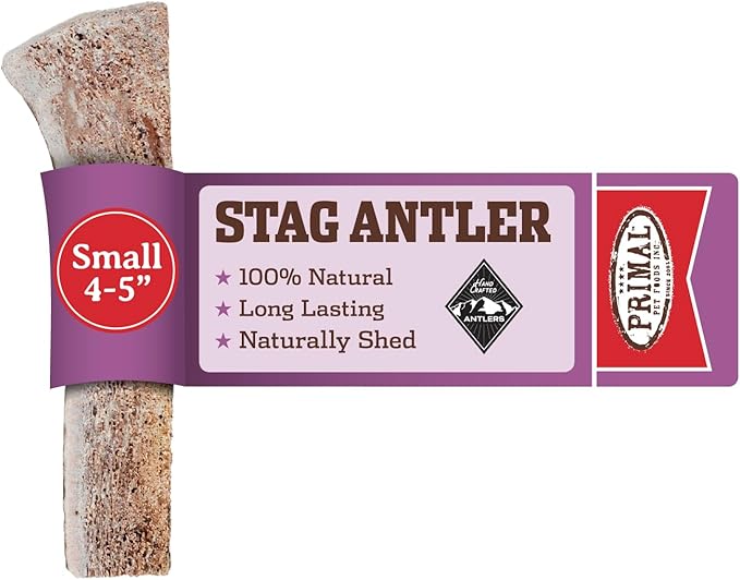 Primal Antlers for Dogs, Grade A Split Stag Antlers for Small Canines up to 15 lb, Natural Chews for Aggressive Chewers, Naturally Shed, Long Lasting Dog Bones, 1 ct
