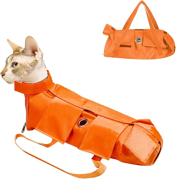 HDKUW Cat Grooming Bag,Foldable Travel Carrier for Cats,Anti-Bite Anti-Scratch Cat Grooming Restraint Bag,Pet Carrier for Administering Eye Drops,Ear Cleaner,Clipping Nails Orange M